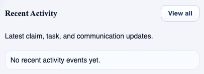 claimOS recent activity module showing status changes and teammate updates after queue work moves forward.