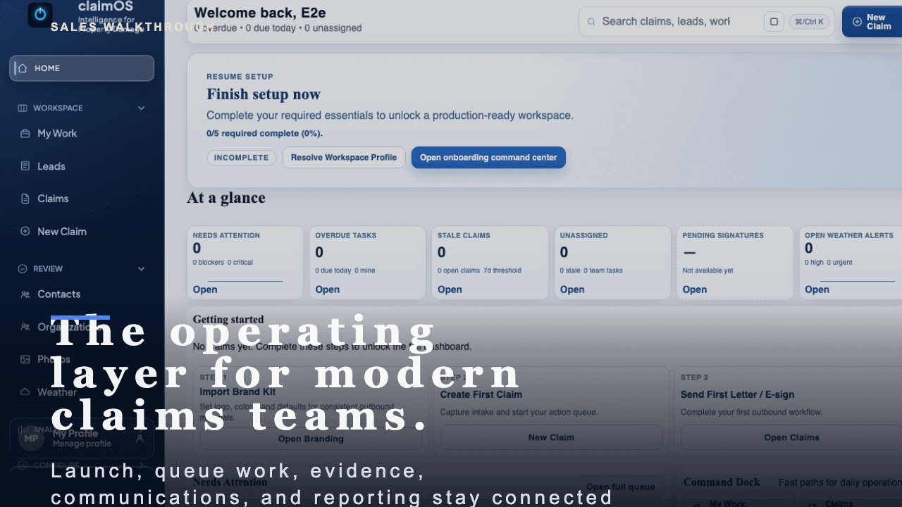 claimOS overview poster showing the shared operating surface, launch readiness, and live work modules in one frame.