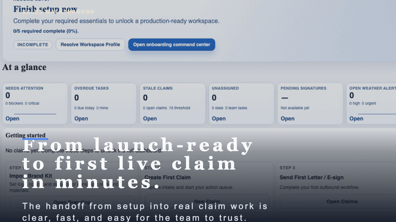 Poster for the first-claim walkthrough showing the launch-ready state, first-claim CTA, and readiness modules before intake begins.