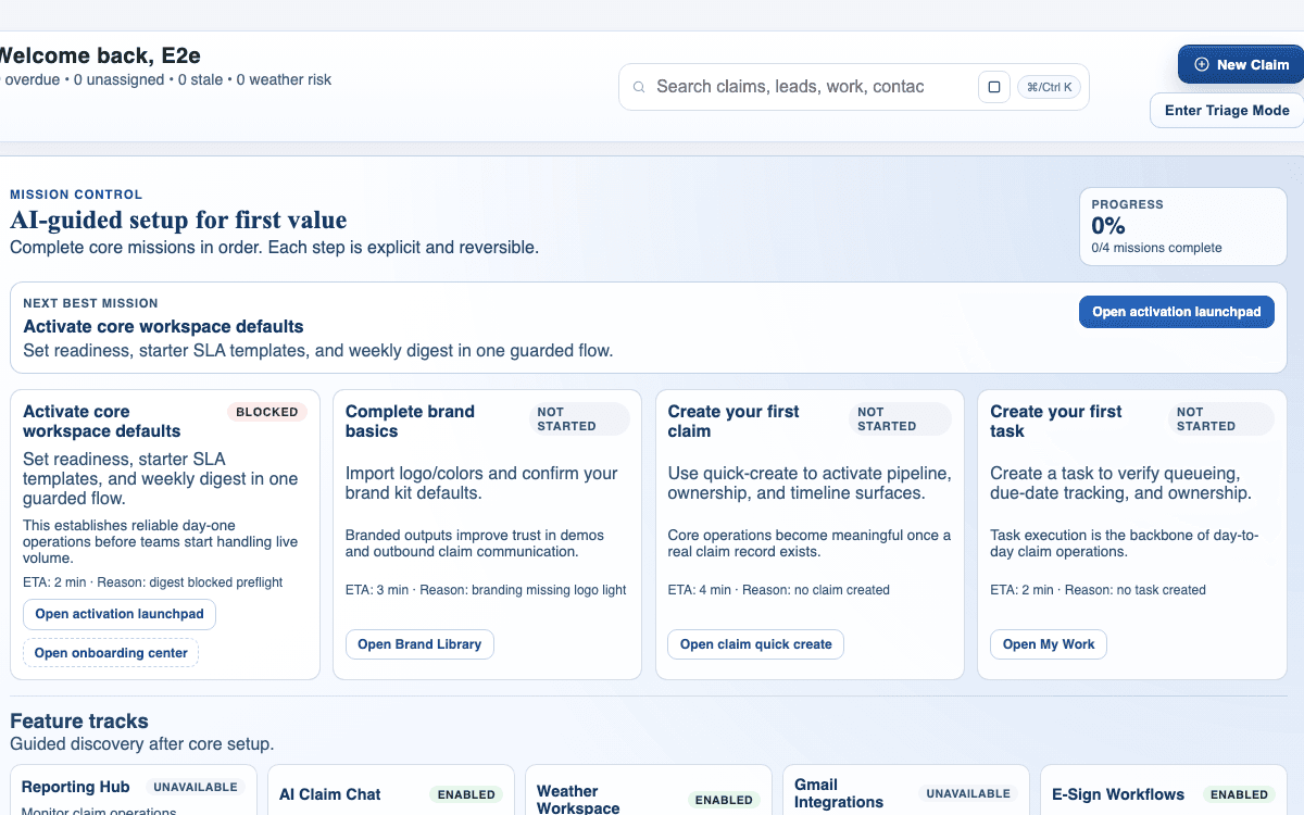 Poster for the lead-form publish flow showing setup missions, the first-claim path, and the surrounding launch-ready workspace.