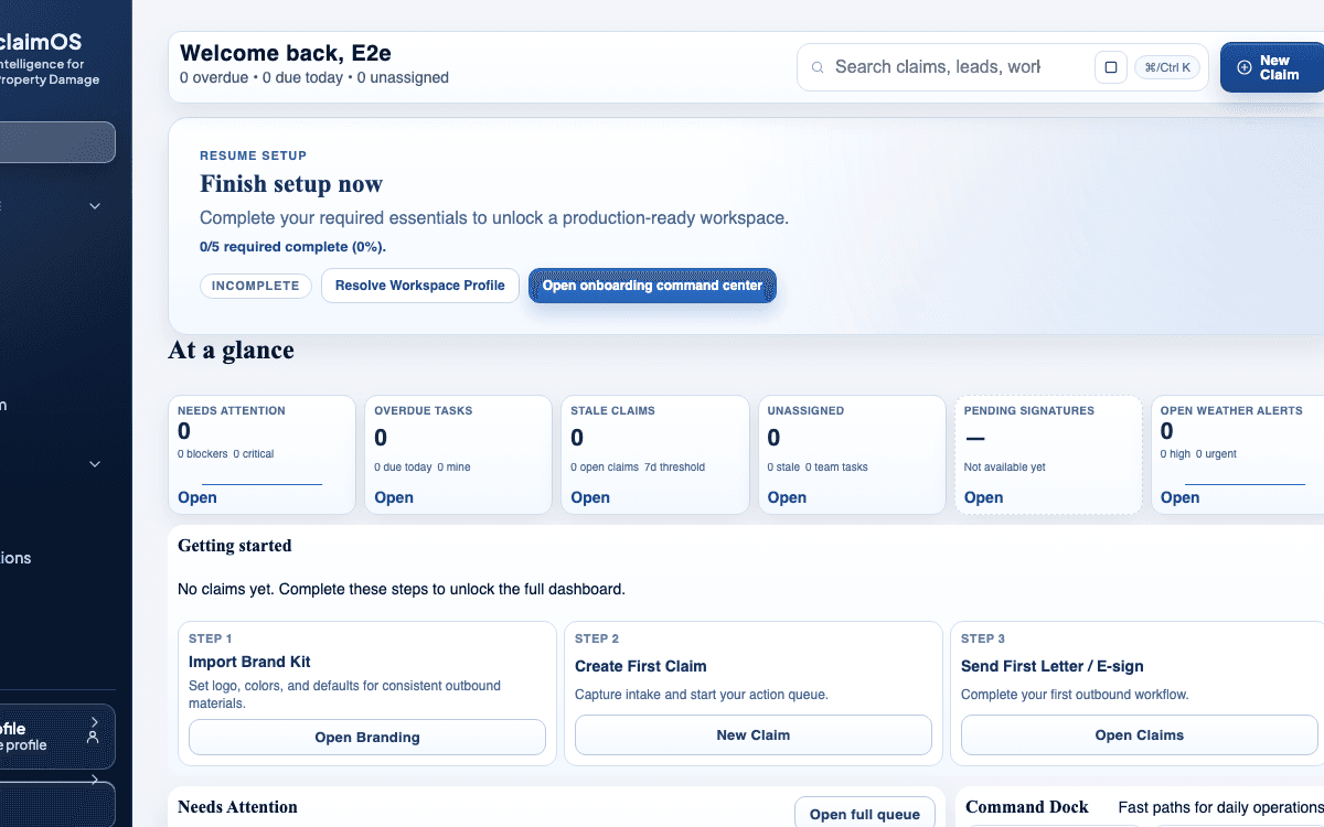claimOS overview crop showing setup progress, launch missions, and feature tracks on one operating surface.