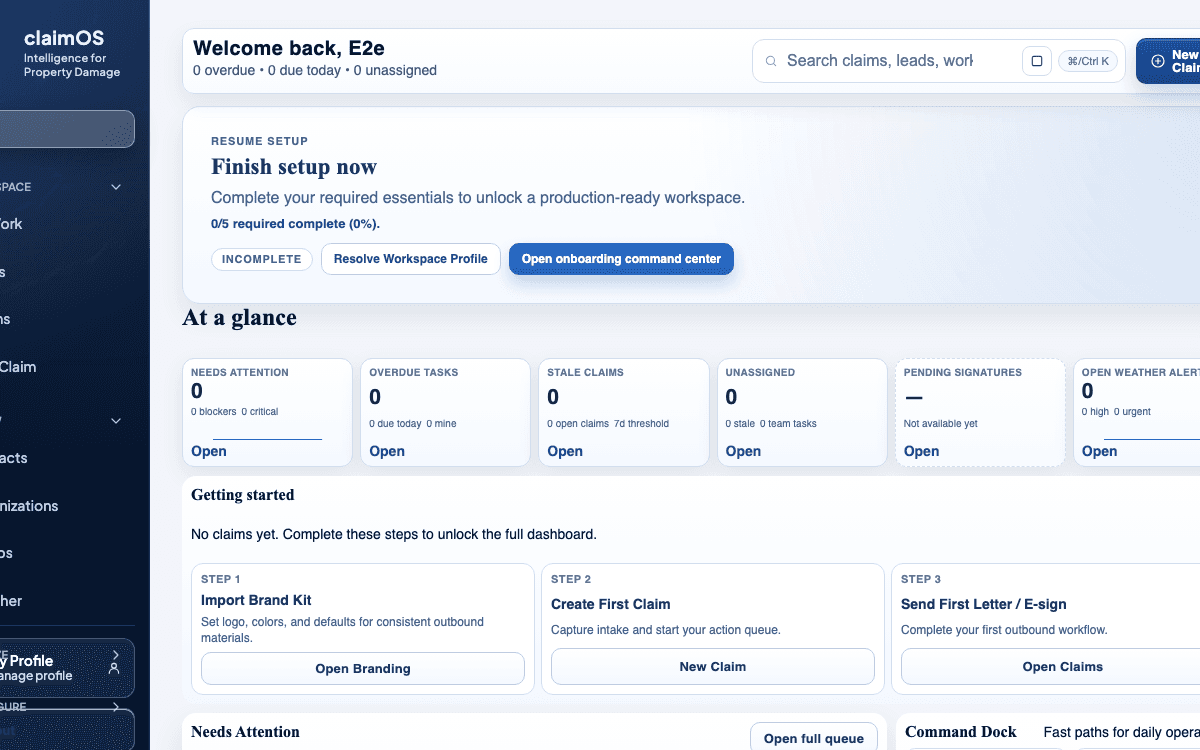 claimOS claims-workspace crop showing at-a-glance claim context and the surrounding control surface for document status.