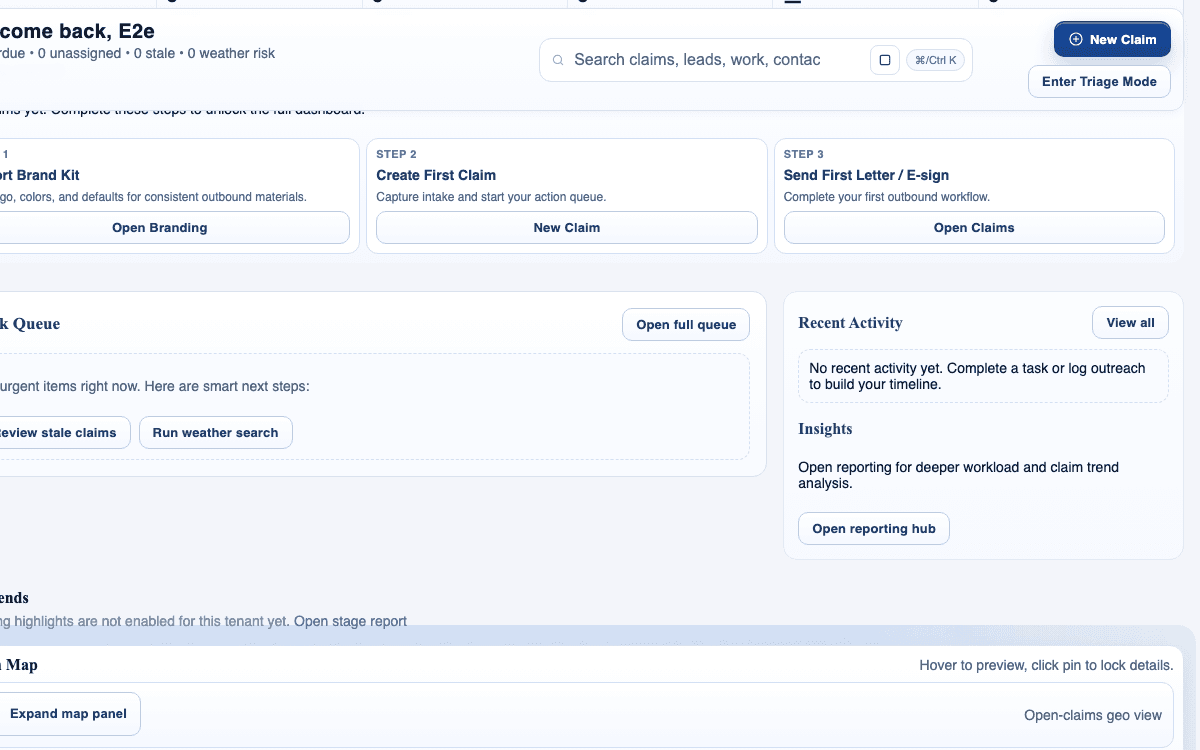 claimOS communications-focused crop showing recent activity, queue follow-up, and the operating context around connected workflows.