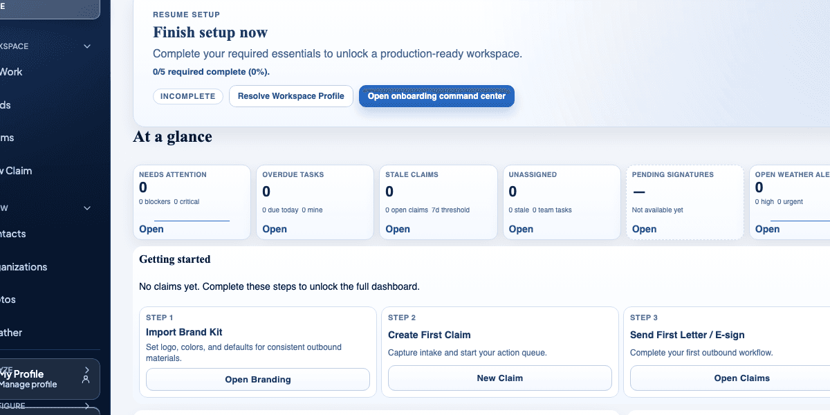 claimOS e-sign delivery crop showing the first outbound workflow card and the surrounding launch readiness context.