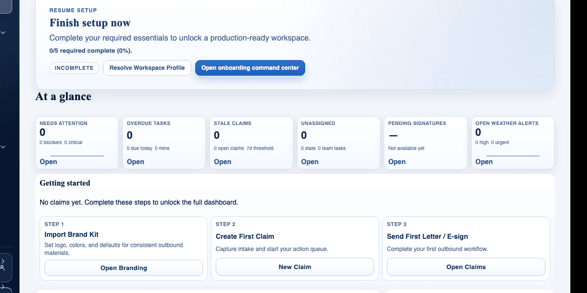 claimOS first-claim launch view showing setup completion, first-claim CTA, and readiness modules.