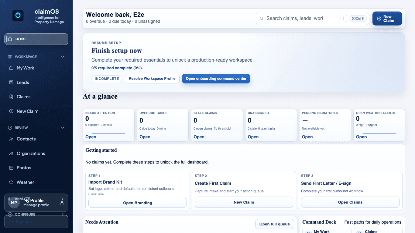 claimOS home surface showing workspace search, readiness modules, and first-use operating context.