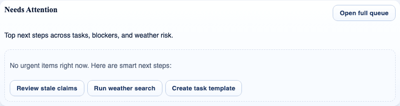 claimOS needs-attention module showing claim work that may require context before the next action.