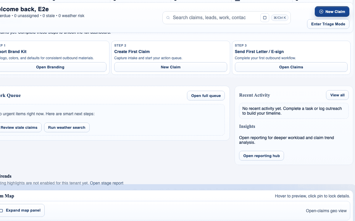 claimOS My Work queue crop showing priority cards, recent activity, and queue inspection context.