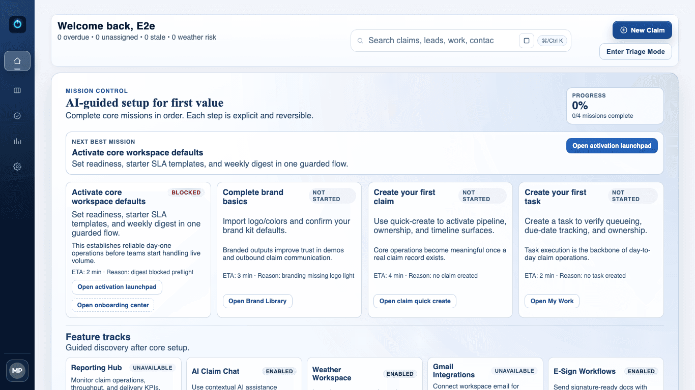 claimOS first-fold dashboard view showing the workspace after the core setup path is complete.