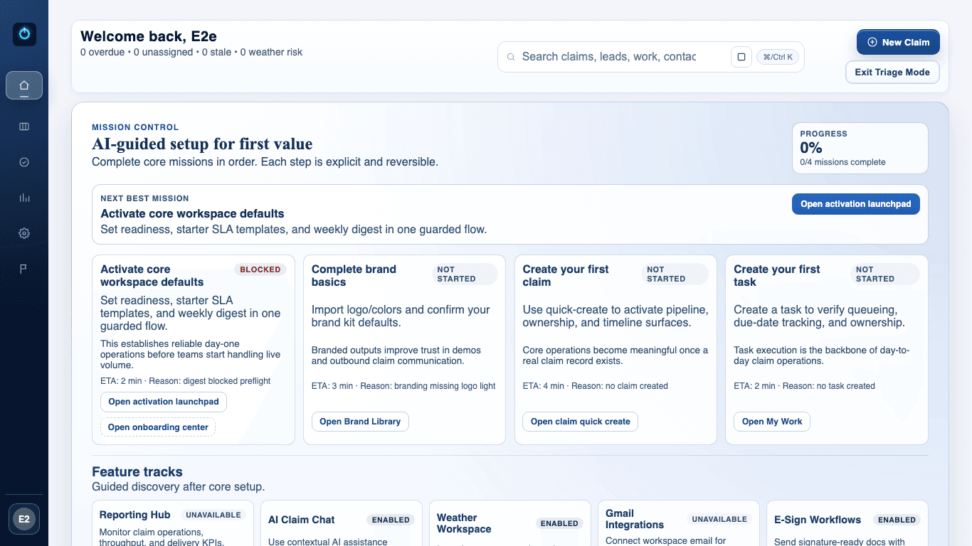 claimOS triage view showing urgent work states and the daily execution posture for operators.