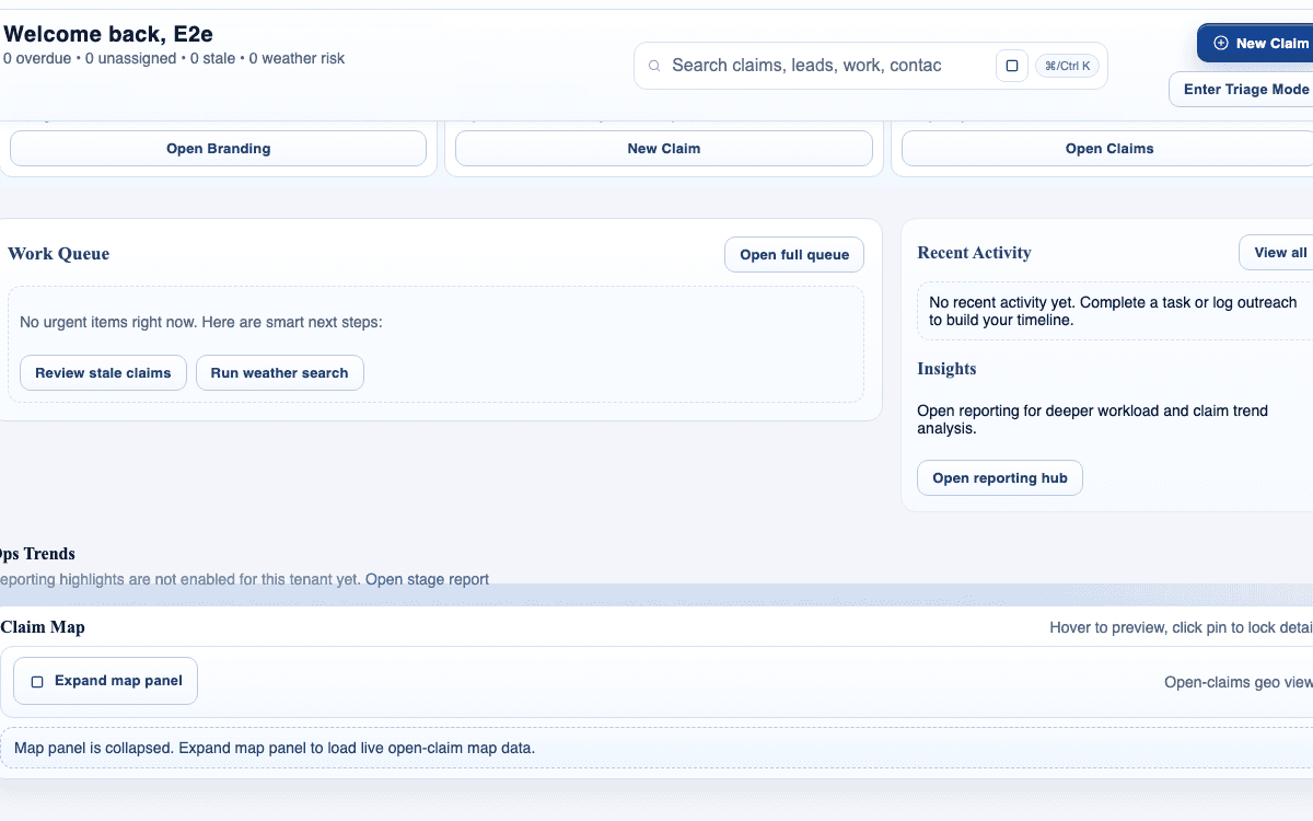 claimOS reporting crop showing work-queue signals, recent activity, and the reporting entry point in one operating view.