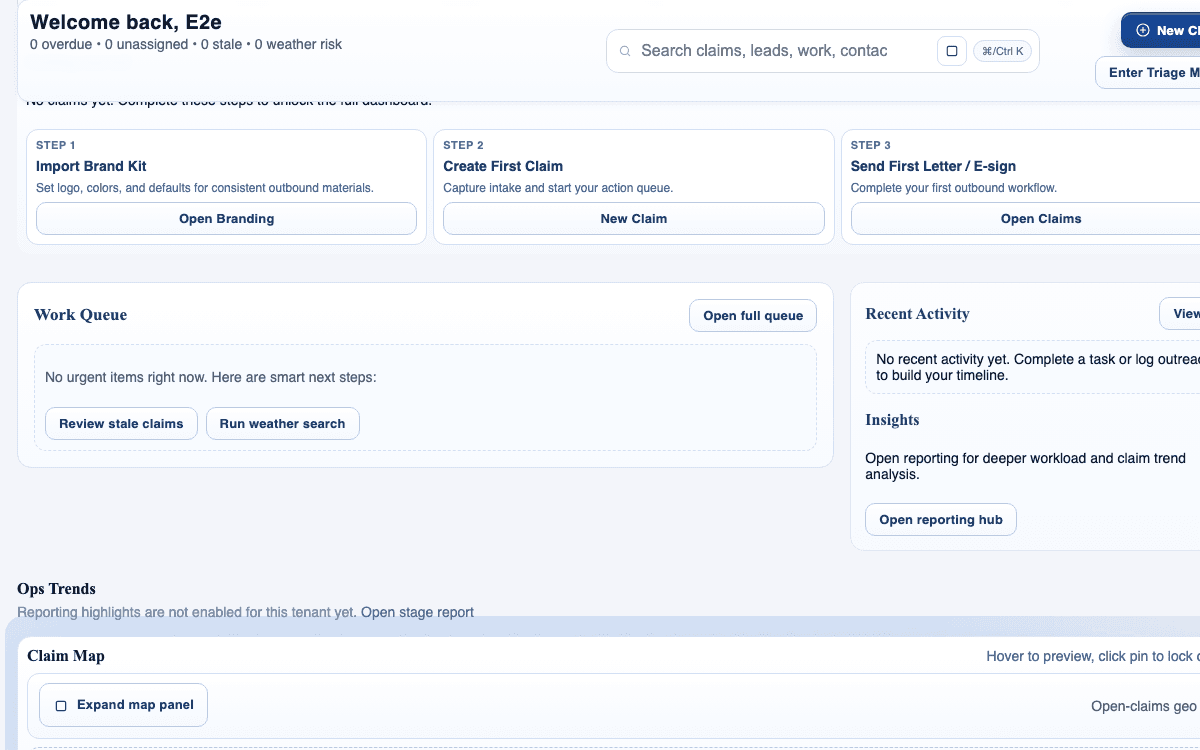 claimOS weather-intel crop showing weather search entry points, queue context, and the surrounding claim workflow.