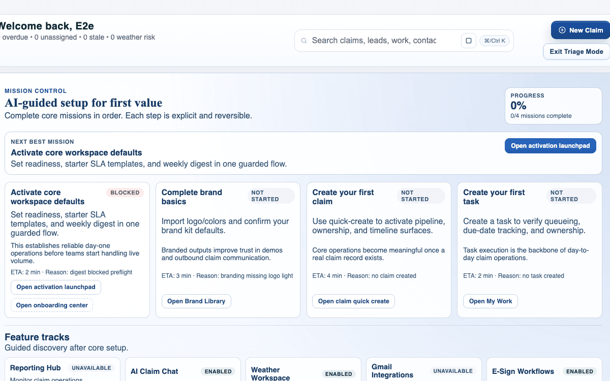 claimOS workflow readiness view showing triage mode and operating modules after the first claim path is available.
