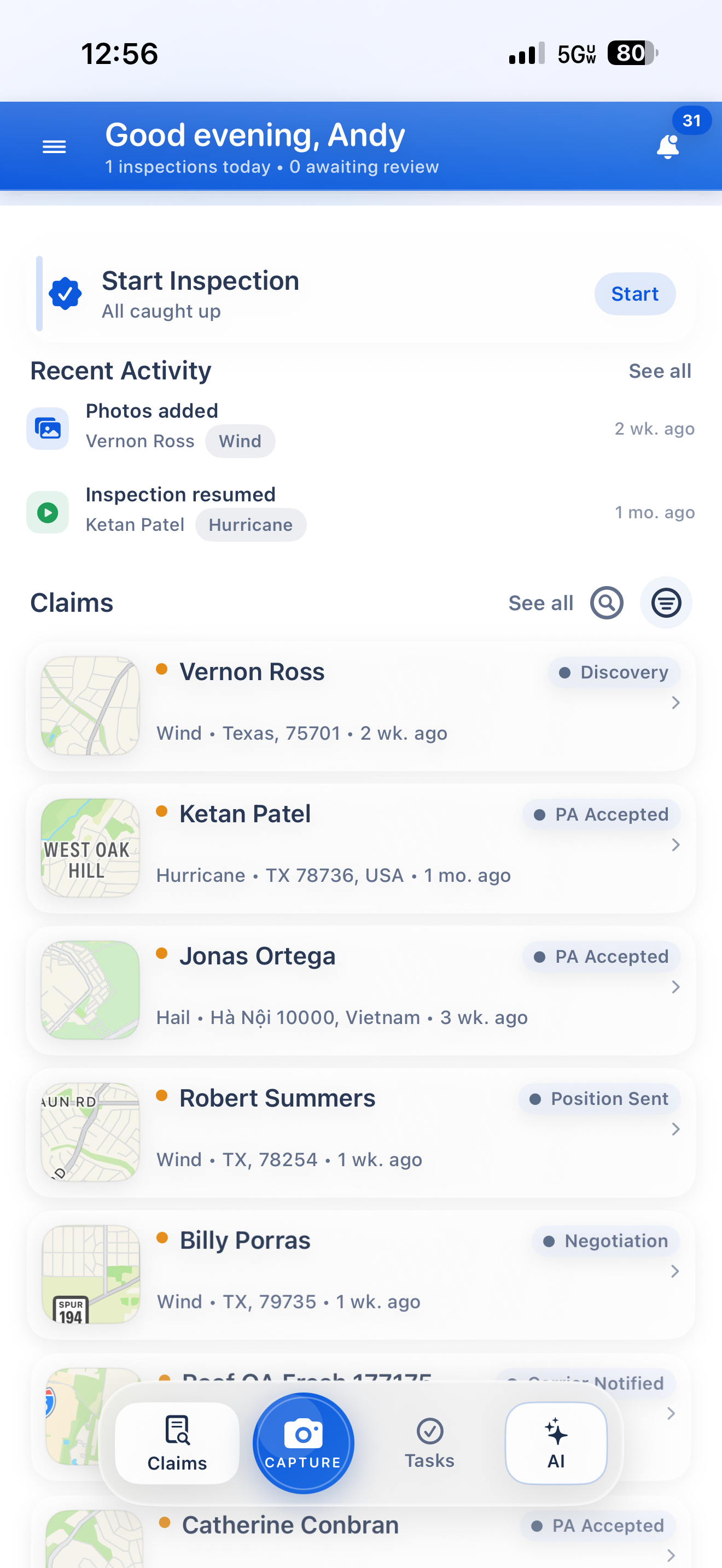 claimOS iOS dashboard with claims list and activity feed