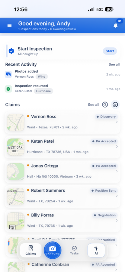 claimOS mobile — claims dashboard and activity feed
